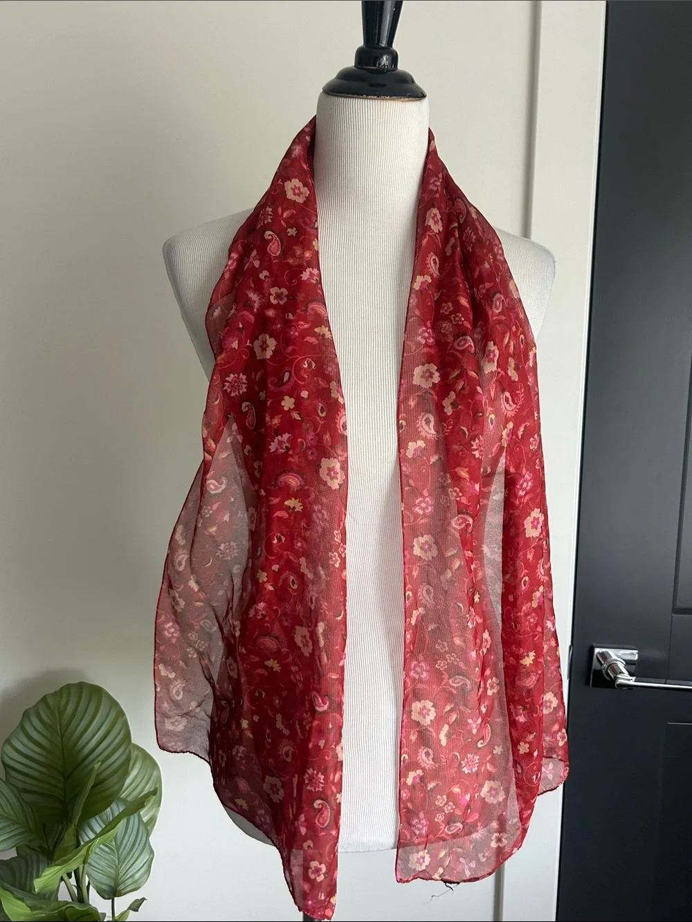 Sheer Floral burgundy Red fuchsia gold Scarf  Lightweight sash belt
